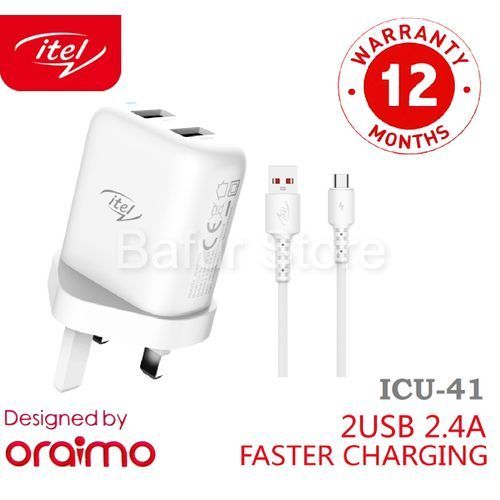 itel Dual USB Port Fast Charger + Free Cable - Black