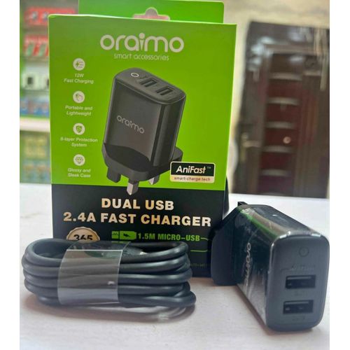 Oraimo Firefly 2U 12W 2.4A Dual USB Fast Charger Fast Charge Cable