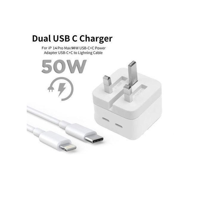 50W Dual Type C Lighting Super Fast Original Charger For Iphone 15/5pro/15promax/14 Pro Max/14 Plus/14/13 Pro Max/13 Pro/13/13 Mini/12 Pro Max/12 Pro/12/12 Mini/11 Pro Max/11 Pro/11 And Ipads